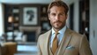 © Светлана Гуркова - Smartly dressed man in a tailored suit poses confidently in a stylish, modern interior with warm lighting and contemporary decor