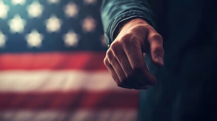 Wall Mural - Man hand closeup, USA flag background, US American elections concept