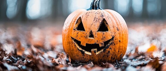 Canvas Print -  A jack-o-lantern pumpkin sits in the midst of a leafy terrain, surrounded by trees in the background