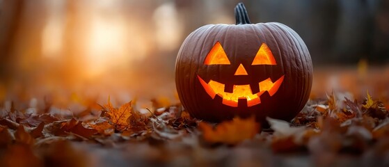 Canvas Print -  A jack-o-lantern pumpkin, its eyes glowing, sits amidst an autumn field of leaves