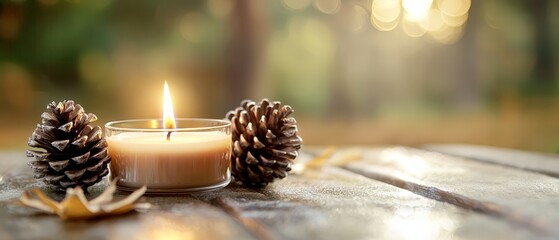 Sticker -  A lit candle atop a wooden table, pine cone beside it