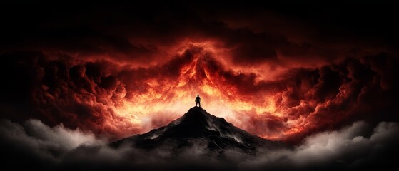 Poster -  A man atop a mountain gazes out at a red and black sky filled with an abundance of clouds