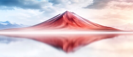 Canvas Print -  A red mountain peaks above a serene lake nestled among mountains, mirrored in the tranquil water