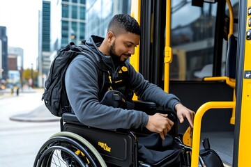 Poster - Person using a wheelchair boarding a low-floor bus in a city, showcasing the accessibility features of modern urban public transport, symbolizing inclusive design