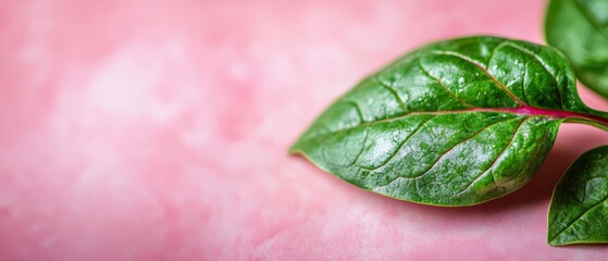 Poster -  A tight shot of a green leaf against a pink background, featuring a scarlet line bisecting its length