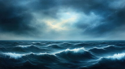 Wall Mural - stormy ocean scene with dark churning waves and dramatic clouds creates sense of awe and intensity. 