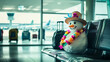 © Maridav - Winter Christmas travel. Snowman ready for vacation wearing lei and hat, sitting at an airport gate surrounded by luggage, capturing a fun contrast of winter and travel. Image made using Generative AI