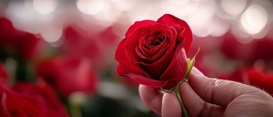 Poster -  A hand holds a solitary red rose amidst a sea of red tulips in the room