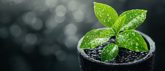 Poster -  A close-up of a small plant with water droplets on its leaves in a black pot