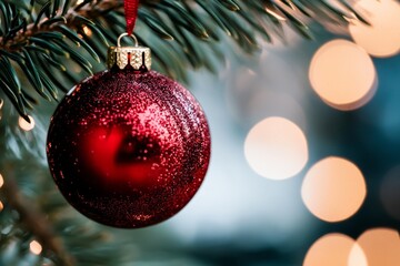 Canvas Print -  A tight shot of a Christmas ornament suspended from a Christmas tree against a backdrop of softly blurred holiday lights