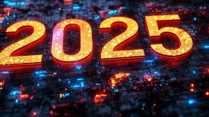 Poster - Bright digital numbers represent the year 2025 against a vibrant, tech-themed background at night