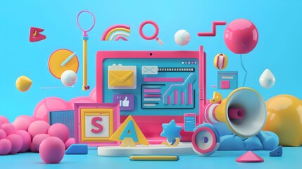 A colorful computer monitor with a pink and blue background