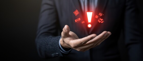 A businessman presents digital icons with a warning sign in a dark setting, showcasing technology and alertness.
