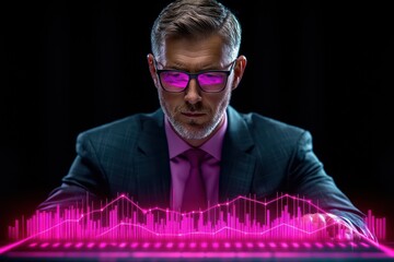 Poster - A focused businessman analyzing data on a digital screen with vibrant graphs and pink overlays.