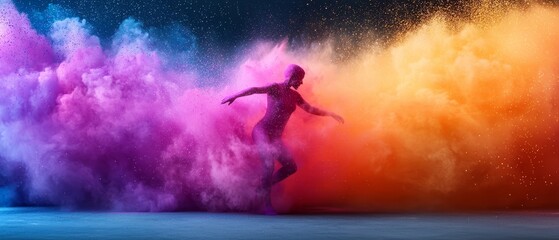 Canvas Print -  Woman before vibrant cloud of hued powder against black backdrop, blue sky behind