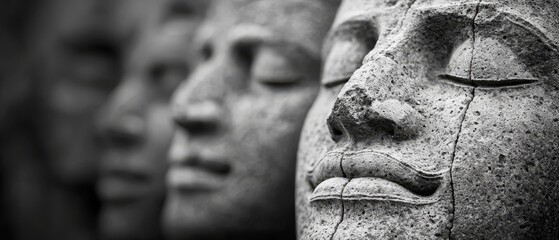 Wall Mural -  A black-and-white image of Buddha statues in a group, their heads turned diversely, suggesting varied directions