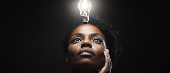 Canvas Print -  A woman touching her head with one hand, a light bulb superimposed above it Another light bulb hovering overhead