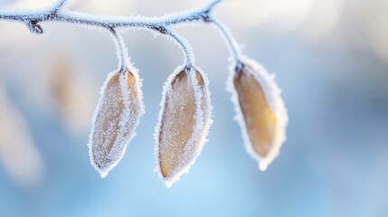 Wall Mural - close-up of dried brown leaves on a frost-covered branch during a cold winter day with clear leaf ve