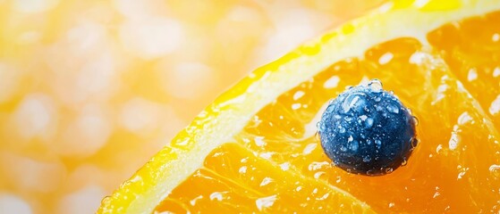 Poster -  A tight shot of an orange slice topped with a blue berry