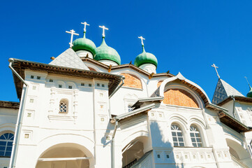 Wall Mural - Veliky Novgorod, Russia - closeup of St Nicholas cathedral in St Nicholas Vyazhischsky stauropegic monastery in sunny weather