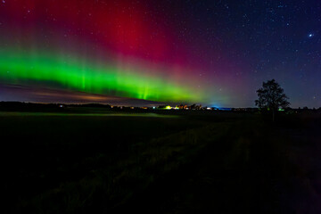 Wall Mural - northern lights dancing over country landscape in noreth of sweden.