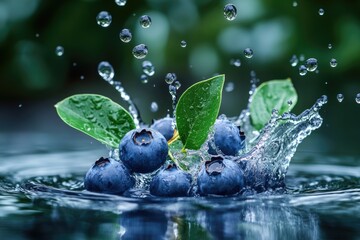 Poster - Fresh blueberries dropping into water, perfect for food and drink illustrations or photography concepts