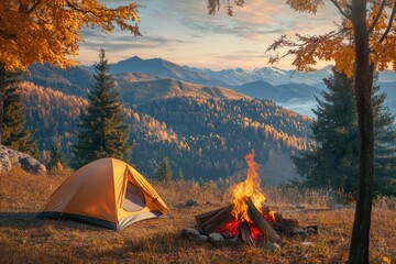 Wall Mural - Outdoor camping scene with a tent next to a campfire