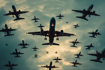 Poster - Aerial views of multiple planes flying through clouds, perfect for travel or aviation themes