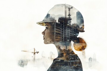 Poster - A woman wears a hard hat while standing on a construction site, surrounded by building materials and equipment