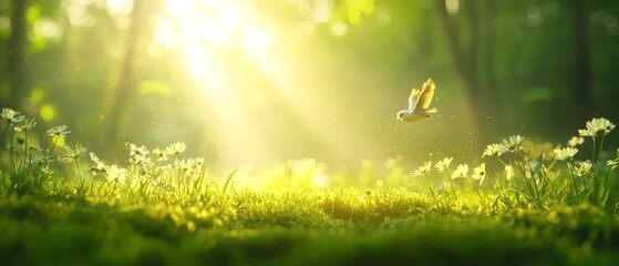 Poster - grass, flowers, sun-kissed trees