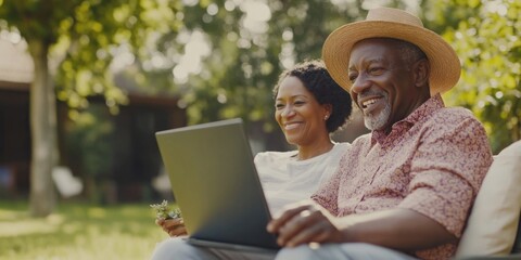 Aufkleber - A couple sits together on an outdoor bench, each working on their own laptop