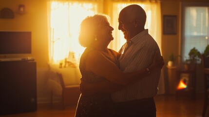 Wall Mural - A man and a woman dancing together in a cozy living room