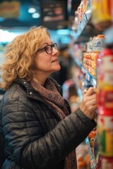 Fototapete - A woman examining food products in a supermarket