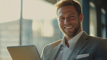 Poster - Businessman smiling while working on laptop