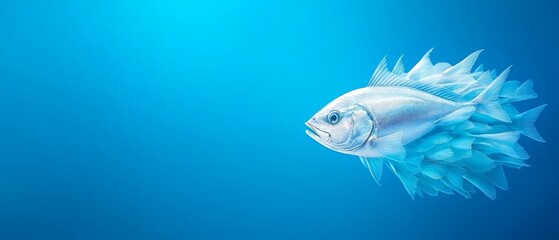 Poster -  A tight shot of a fish submerged in blue water, surrounded by a light blue sky in the background