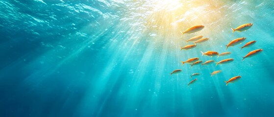 Canvas Print -  A collection of tiny yellow fish swimming in a expansive water body with sunlight filtering through its surface