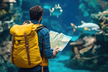 Aufkleber - A person studying a map while carrying a backpack, great for travel or outdoor adventure scenes