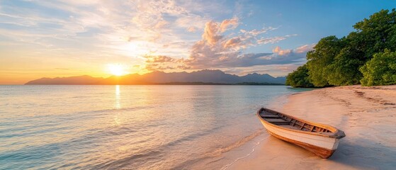  A boat atop a sandy beach, beside a body of water, as sunset painted the sky