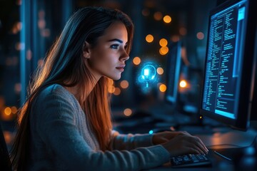 Sticker - A person seated at a desk with a computer monitor in front of them, focused on their task