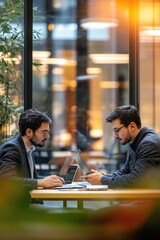 Aufkleber - Two males sit at a table using a laptop, perfect for office or workspace illustrations