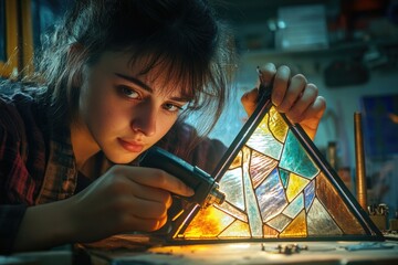Aufkleber - A person examining a beautiful stained glass piece, possibly in an art museum or church