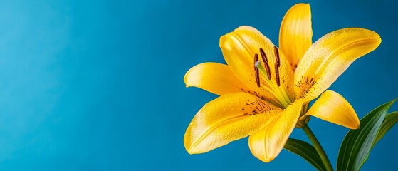  A tight shot of a yellow bloom against a blue backdrop