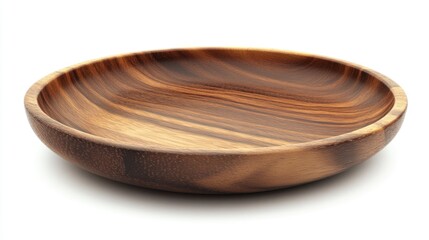 Poster - A simple and elegant presentation of a wooden bowl on a clean white surface, ideal for still life photography or as a prop in food styling