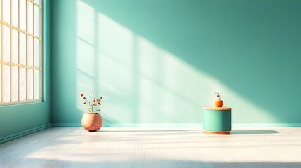 Fototapete - Muted green 3D studio room with empty floor and wall product podium and shadow overlay from window to countertop  Mockup with golden sunlight creates a serene