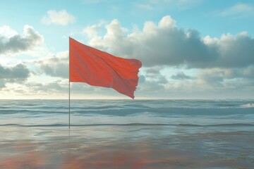 Poster - A red flag waving in the ocean on a cloudy day, suitable for maritime or nautical themes