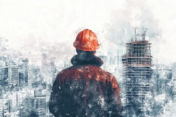 Poster - Man in hard hat looks out at urban landscape, possibly during building work