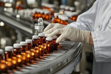 Poster - Worker in lab coat and gloves assembling parts on a conveyor belt