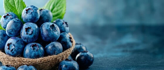 Wall Mural -  A tight shot of a blueberry basket, brimming with plump berries One boasts a green leafy cap atop