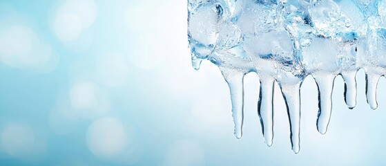 Poster -  A collection of ice icicles dangles from a blue-and-white wall against a blue backdrop of sky