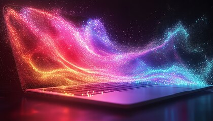 A vibrant laptop with swirling colorful lights, showcasing a blend of creativity and technology in a digital space.